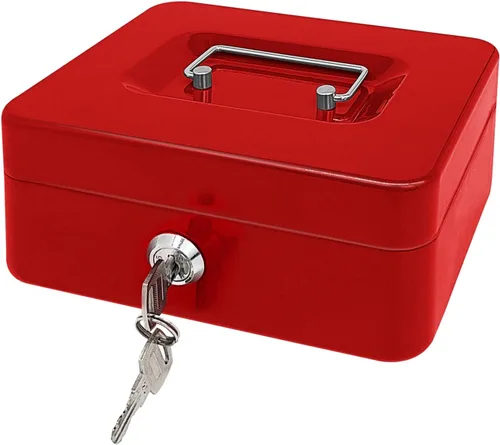 Vista 18 de Caja de efectivo de acero con cerradura de llave, organizador de dinero pequeño de metal con bandeja para dinero, caja de almacenamiento de efectivo