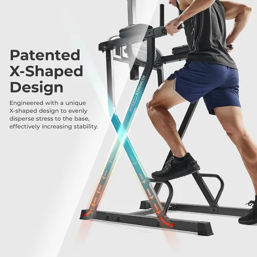 Vista 3 de Sunny Health & Fitness Power Tower Dip Station & Pull-Up Bar, Multi-Function Strength Training Equipment with Captain’s Chair, Push-Up Bars & Core