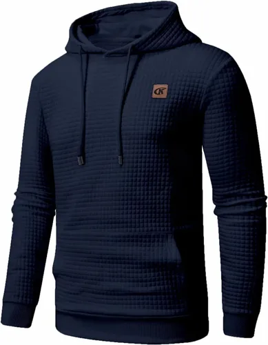 Vista 2 de Sudadera de manga larga para hombre, con capucha con cordón, de jacquard a cuadros, estilo informal y hípster, con bolsillo de canguro