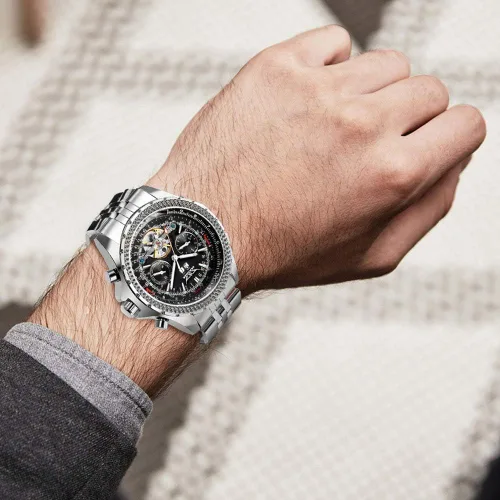 Vista 8 de Gute Reloj mecánico automático de acero inoxidable impermeable para hombre, reloj de pulsera de lujo de cara grande multifuncional Tourbillon