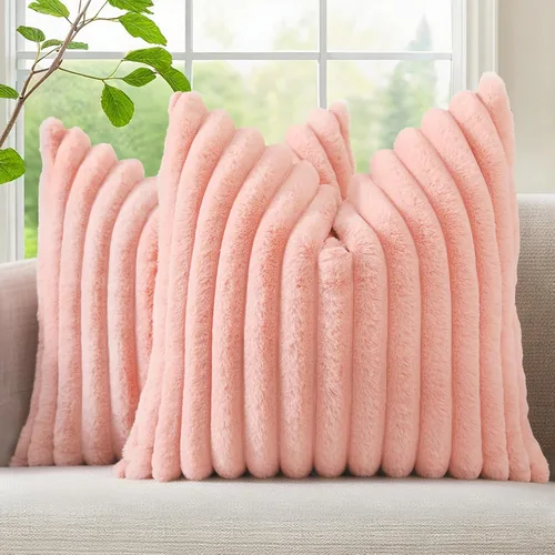 Vista 16 de decorUhome Fundas de almohada de piel sintética, juego de 2, decorativas, afelpadas, suaves, afelpadas, a rayas, parte posterior de terciopelo
