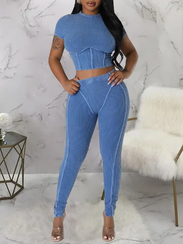 Vista 3 de acelyn Conjunto de entrenamiento casual para mujer, trajes de 2 piezas para verano, acanalados, manga corta, top corto y leggings de cintura alta