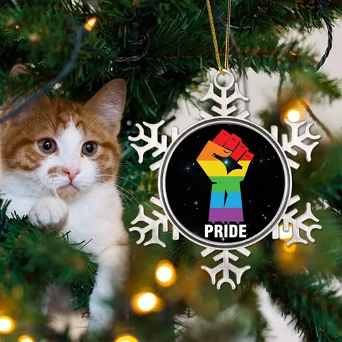Vista 4 de Adorno de Navidad de metal gay con copo de nieve de metal, orgullo de la paz, adornos de Navidad LGBTQ con derechos de igualdad, decoraciones