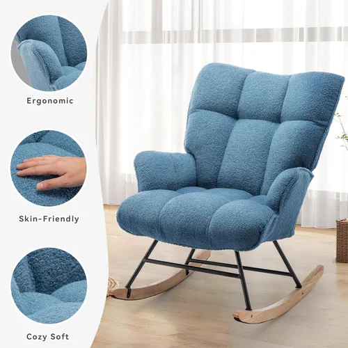 Vista 4 de Mecedora de cuarto de bebé con estilo oso de peluche, tapizada con respaldo alto, cómoda y elegante butaca acentuada con asiento acolchado para Azul