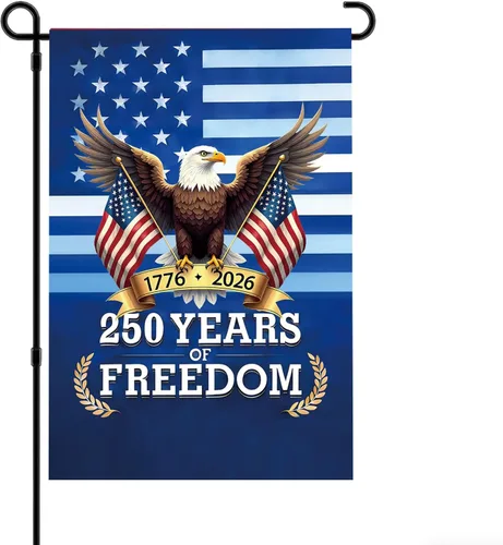 Vista 6 de Bandera de jardín de Estados Unidos del 250 aniversario, diseño de águila patriótica de doble cara con banderas estadounidenses, pancarta