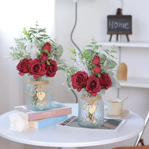 Vista 7 de Rosas artificiales de seda de 14.5 pulgadas con jarrón para decoración del Borgoña