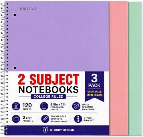 Vista 10 de Mintra Office Durable Spiral Notebook - 2 Subject (Junior Size 3pk (6.5in x 9.5in), Arctic Ice, Sun Yellow, Spring Pink)