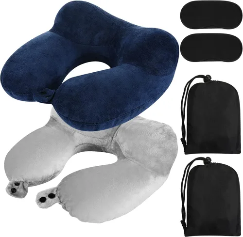 Vista 10 de Sintuff Paquete de 2 Almohadas de Viaje Inflables para Aviones Almohadas de Vuelo Inflables para el Cuello con Bolsa Compacta y Antifaz para Viajar