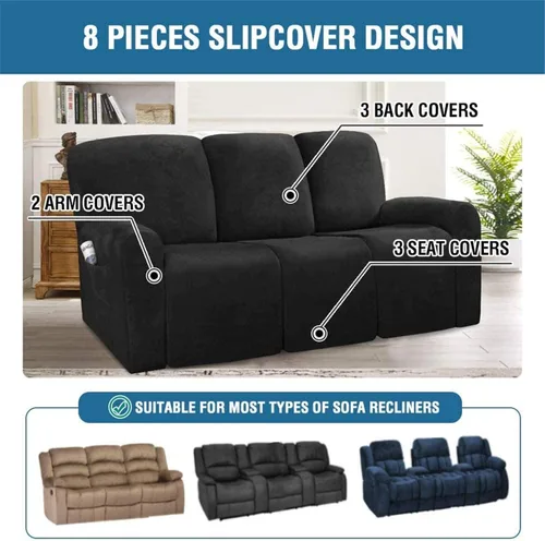 Vista 2 de Funda para sofá reclinable de 8 piezas, terciopelo elástico para sofá reclinable de 3 plazas, funda suave y gruesa para sofá reclinable, protector