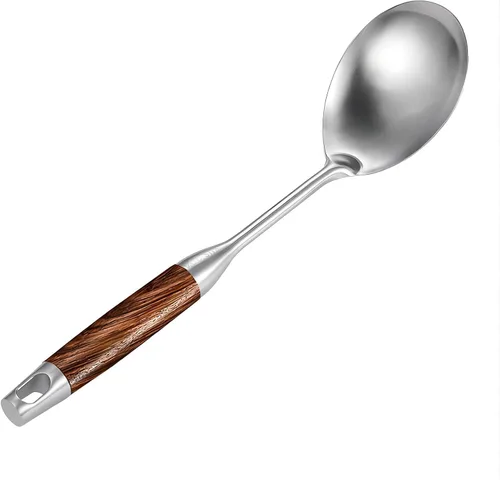 Vista 2 de REDANT Cucharas grandes para bufé, cuchara de cocina de acero inoxidable 18/8 para arroz con mango largo de madera, cucharas de cocina de metal