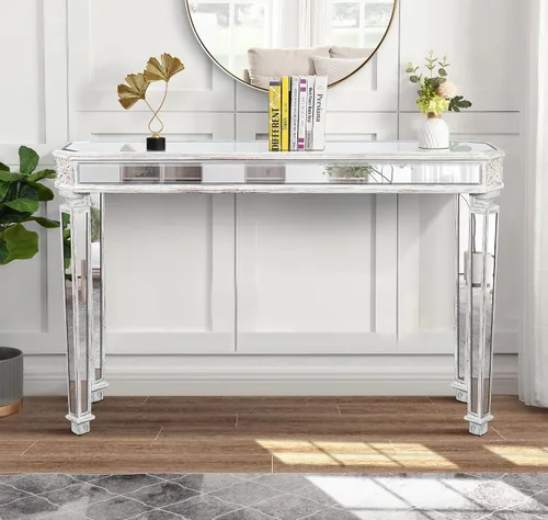 Vista 12 de Mesa de consola con espejo de 48 pulgadas, mesa de entrada moderna de plata glamorosa con borde tallado negro vintage con espejo de vidrio para sala