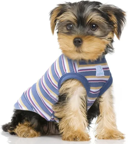 Vista 11 de Camisetas a rayas para perros y gatos, 102 % algodón, para perros y gatos pequeños, ropa sin mangas para cachorros para Chihuahua, verde Yorkie