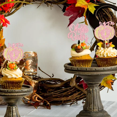Vista 7 de Gyufise 24 adornos para cupcakes de calabaza rosa, decoración de pastel de baby shower, decoración para baby shower con temática de calabaza