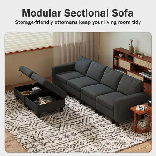 Vista 5 de Sofá modular seccional, sofá modular de 110 pulgadas con almacenamiento y respaldo ajustable, sofás seccionales convertibles de 6 asientos para sala