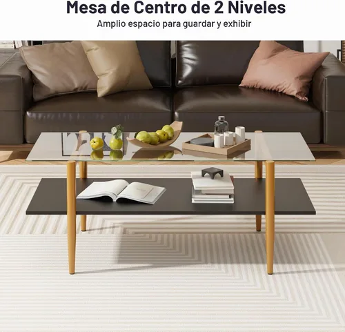 Vista 3 de Furnify Mesa de centro de cristal, mesa central rectangular para sala de estar con patas doradas, mesas decorativas modernas de mediados de siglo