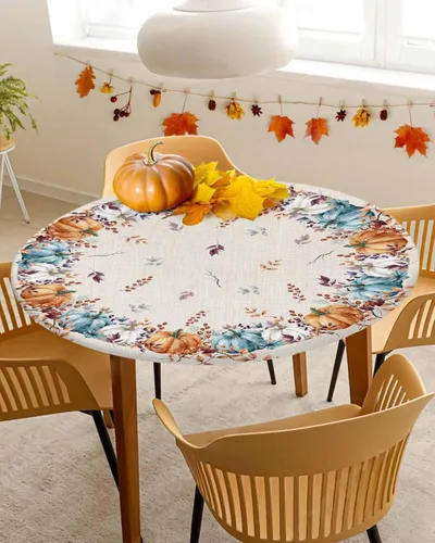 Vista 6 de Mantel ajustado para mesa redonda, mantel de otoño con hojas de otoño y calabaza de Acción de Gracias con borde elástico, mantel impermeable de Beige