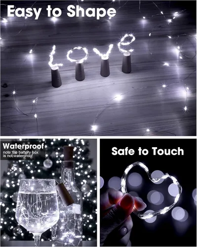 Vista 3 de Hortsun Paquete de 40 luces para botella de vino con cadena de luces de corcho de hadas, funciona con pilas, mini cable plateado de 7 pies, 20 luces