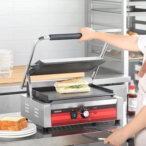 Vista 2 de EGGKITPO Parrilla Panini eléctrica comercial con placas planas, sandwichera de acero inoxidable, 14 x 9.5 pulgadas, placa esmaltada de hierro