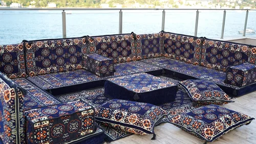 Vista 3 de arabicsofa Juego de sofá de asiento bajo Majlis árabe azul marino, fundas lavables para sala de estar, cojines de suelo turcos