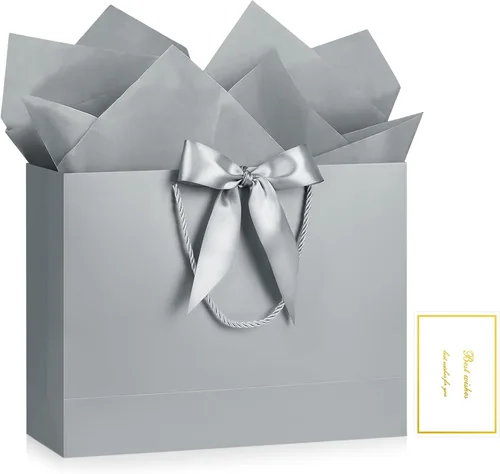 Vista 22 de JMANNI 12 bolsas de regalo de papel de boda con asa, bolsas medianas de regalo de agradecimiento de 13 pulgadas con lazo de cinta, regalos