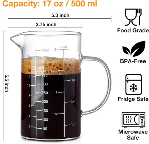 Vista 5 de BCnmviku Taza medidora de vidrio de 500ML 2 tazas con asa, vidrio de borosilicato alto tres escalas