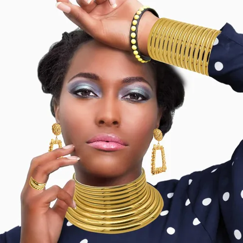 Vista 4 de RDKOEAKEL 7 PCS African National Vintage Gold Flamboyant Jewelry Set Egypt Choker Bracelet African Nose Rings Hoop Chain Earrings for women