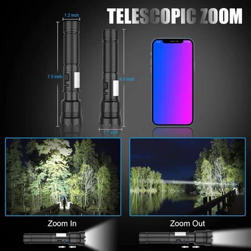 Vista 6 de Linterna magnética recargable de alta luminosidad, súper brillante con luz LED COB, USB C, 7 modos, con zoom, impermeable IPX6, linterna táctica
