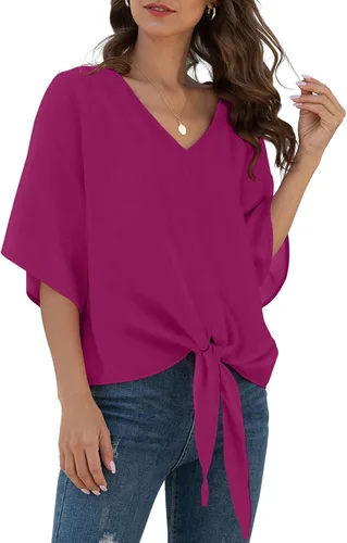 Vista 10 de VIISHOW Womens Tie Front Chiffon Blouses V Neck Batwing Short Sleeve Summer Tops Shirts Albaricoque
