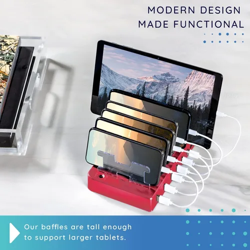 Vista 8 de Estación de carga para múltiples dispositivos – Base de carga USB de 6 puertos para Apple y Android – Organizador de carga múltiple rápida