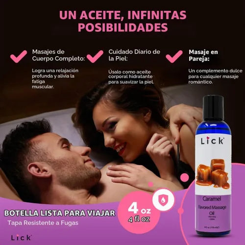 Vista 6 de Lick Aceite de masaje con sabor a caramelo, aceite de masaje comestible de postre cálido con vitamina E, textura suave y segura para el cuerpo
