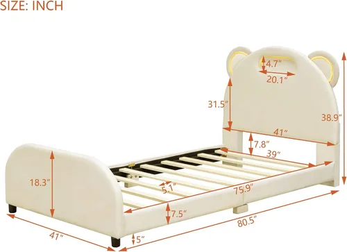 Vista 2 de Cama de plataforma tapizada de tamaño individual con cabecero en forma de oso y rayas de luz incrustadas, bonito marco de cama de plataforma
