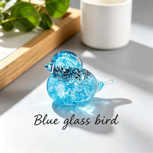 Vista 2 de QFkris Figura de pájaros azules de vidrio soplado hecho a mano de 4", escultura de animales de vidrio artístico, estatua de decoración del hogar