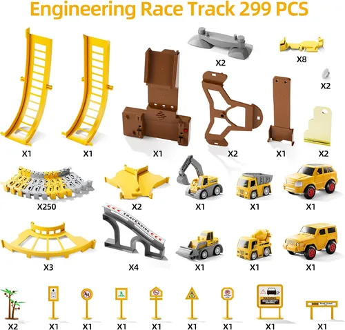 Vista 2 de iHaHa 299 piezas de pistas de carreras de construcción para niños, 6 piezas de autos de ingeniería y pista de carreras flexible crea un camino