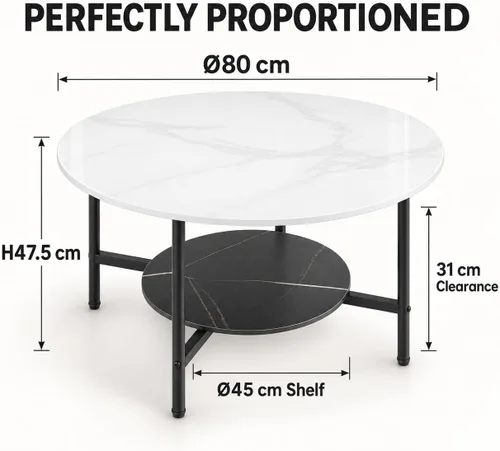 Vista 2 de Wisfor Mesa de centro de mármol para sofá de mesa: mesa central redonda de piedra sinterizada blanca de 2 niveles con Fram negro para sala de estar