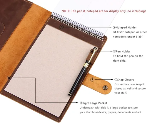 Vista 4 de Robrasim Funda de cuero para cuaderno Steno de 6 x 9 pulgadas, funda de cuero compatible con almohadillas Steno en espiral de 6 x 9, organizador