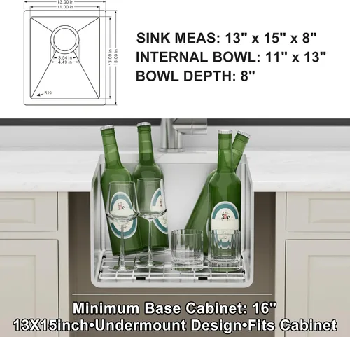 Vista 4 de Fregadero de Bar - PEPO Fregadero de Cocina Bajo Encimera de 13 x 15 Pulgadas, Fregadero de Cocina Pequeño de Una Sola Cubeta de Acero Inoxidable
