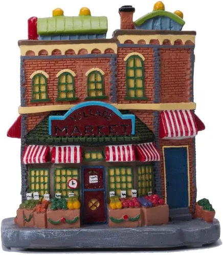 Vista 2 de Casa de pueblo navideño con luz, escena de mercado iluminada, decoración navideña, edificio