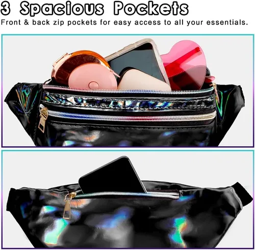 Vista 3 de Bicfuiot Riñoneras holográficas para mujeres y hombres con lentes de sol de corazón, Halloween, 80 y 90, riñonera pequeña de neón con cuerpo cruzado