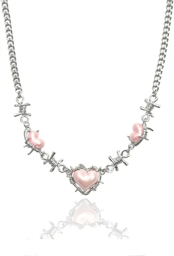 Vista 7 de Stainless Steel Necklace for Women - Barbed Wire Necklacen Thorn Pink Heart Choker Necklace for Teen Girls Preppy Jewelry