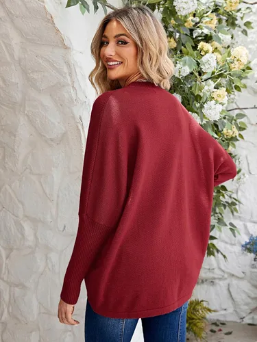 Vista 4 de Miessial Suéter largo de punto de gran tamaño para mujer, manga murciélago, cuello redondo, suéter ligero tipo túnica