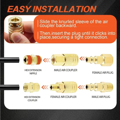 Vista 4 de Kit de acoplador de aire y enchufe, 22 piezas de 1/4" NPT de conexión rápida de aire con junta universal giratoria de 360°, accesorios de compresor