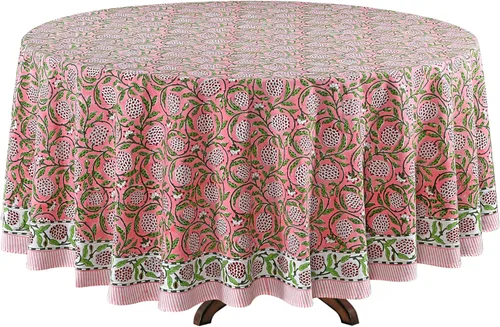 Vista 34 de Ridhi Mantel redondo estampado a mano color rosa flamenco 110 pulgadas 100%