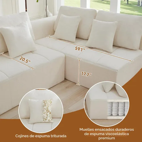 Vista 4 de Sofás seccionales modulares de 110 pulgadas para sala de estar, sofá seccional comprimido sin hueso, sofá de espuma viscoelástica tapizado de 3 Beige