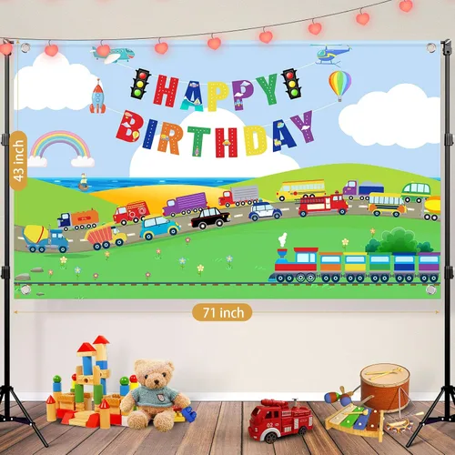 Vista 2 de Tatuo Transporte, decoración de fiesta de cumpleaños, telón de fondo de tráfico, fotografía, transporte, pancarta de feliz cumpleaños, decoración