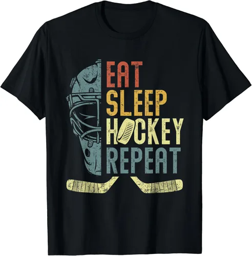 Vista 2 de Eat Sleep Hockey Repeat - Camiseta retro vintage para niños y adultos, Negro