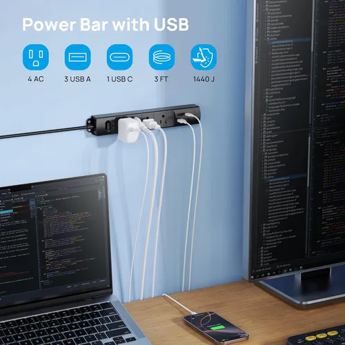 Vista 2 de TROND Regleta de protección contra sobretensiones con USB, enchufe plano ultrafino, cable de extensión de 3 pies de 1625 W, 3 USB A y 1 tipo C, 4