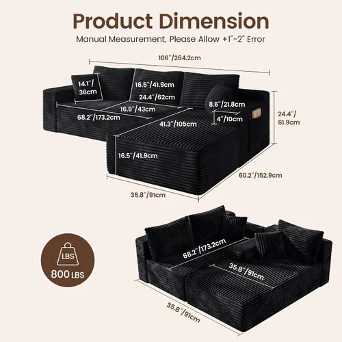 Vista 2 de WINBOY Sofás deshuesados en forma de L de 106 pulgadas para sala de estar, cómodo asiento profundo modular, sofá de pana comprimido, negro, Chiase