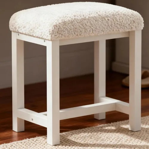 Vista 8 de Taburete Pequeño de Tocador, Lindos Taburetes de Tocador con Suave Cojín de Pelo Sintético de Conejo, Silla de Maquillaje Blanca para Espacios