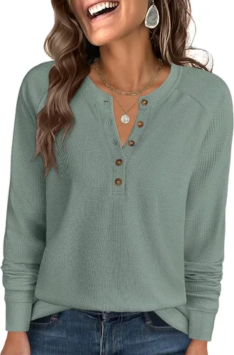 Vista 12 de ANRABESS Camisas de manga larga Henley de punto gofre para mujer Negro