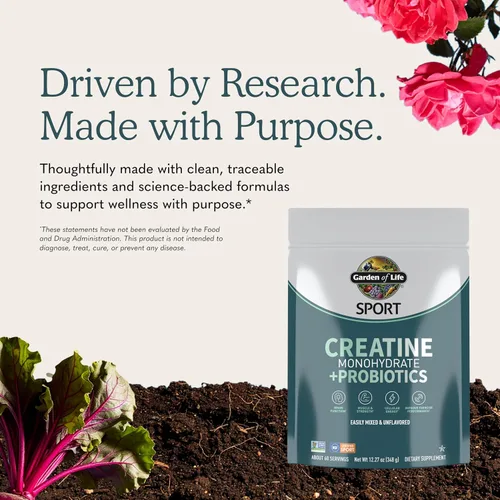 Vista 6 de Polvo de creatina monohidrato para mujeres y hombres de Garden of Life, micronizado para preentrenamiento con probióticos para músculo, fuerza